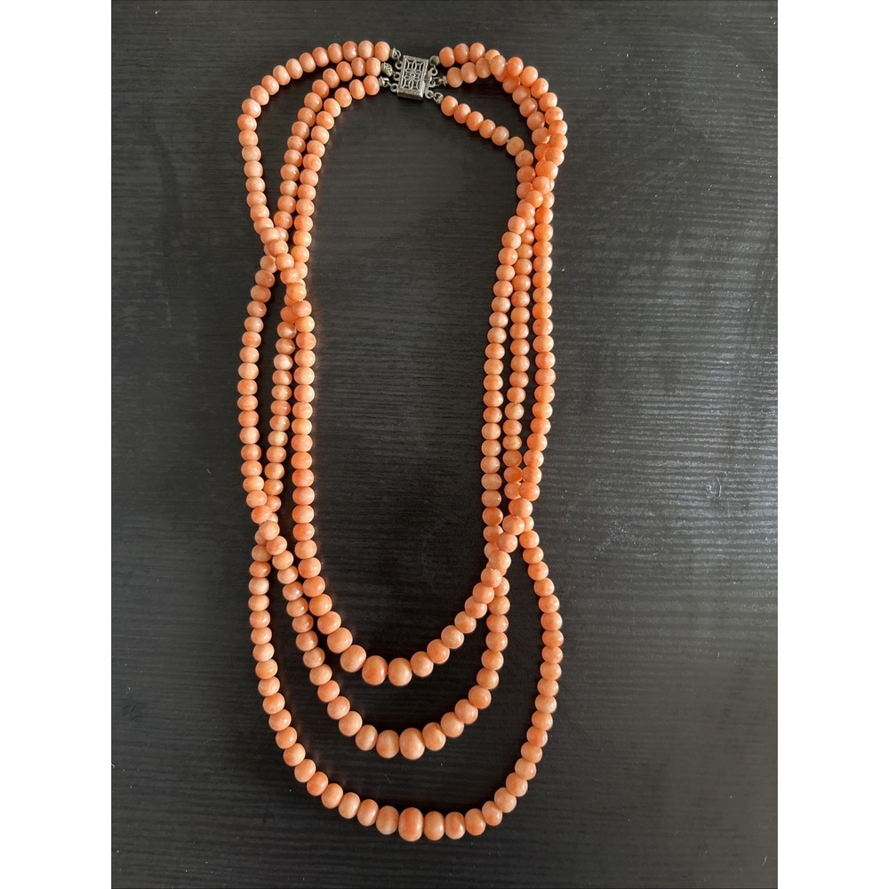 Three-Strand Salmon Colored Coral Beaded Necklace - Elegant Women's Jewelry